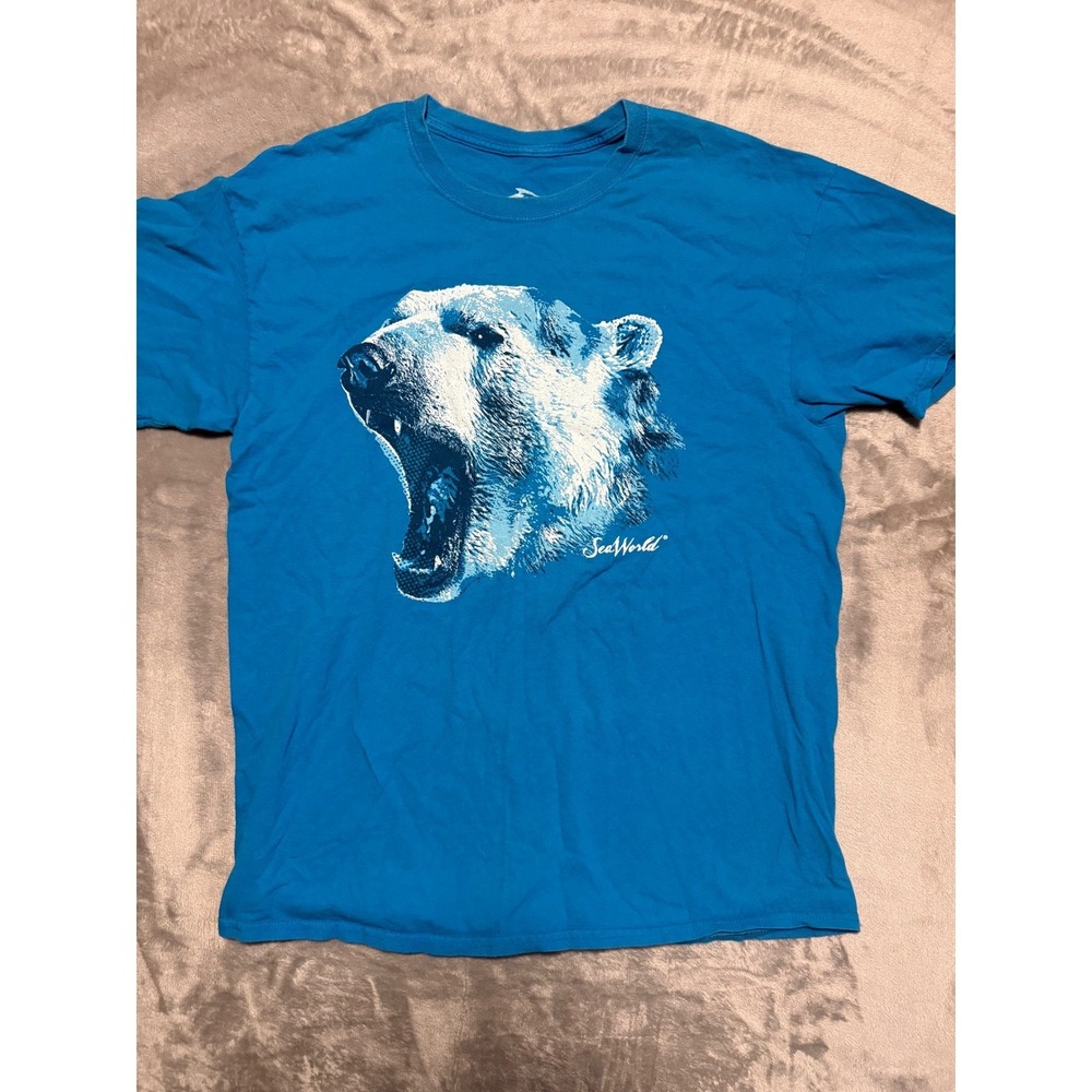 SeaWorld T-Shirt Mens Large Blue Polar Bear Graphic Short Sleeve Cotton Tee